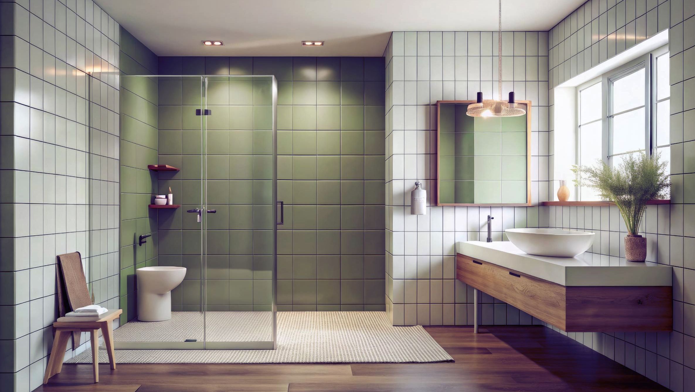 Moderne bad med grønne fliser og tregulv