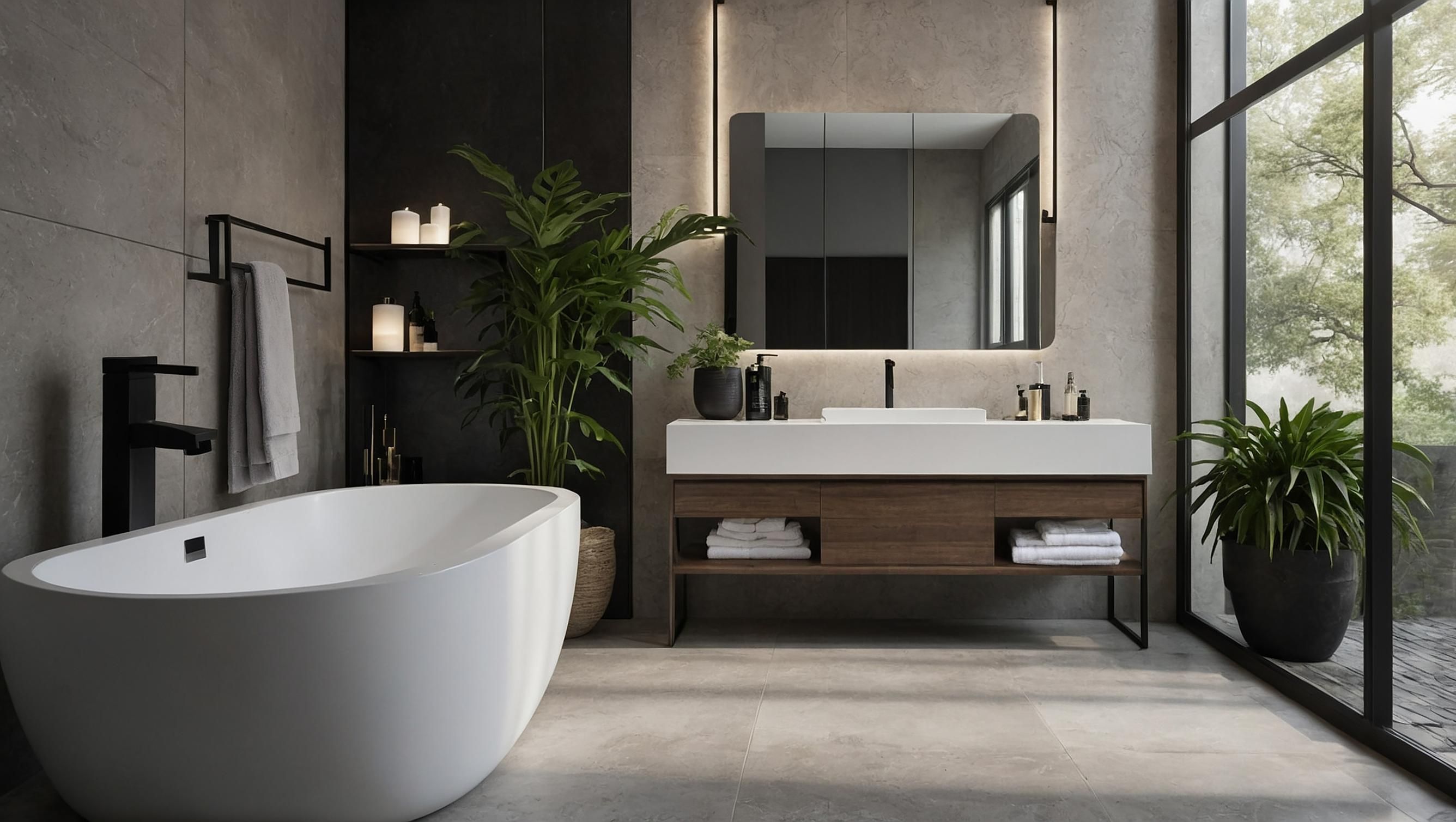 Moderne mørkt bad med store vindu